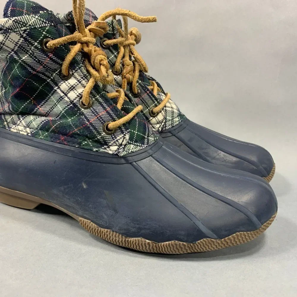 Sperry‎ Rain Boots Women's Size 7.5 Blue Plaid Syren Gulf Rubber Duck Boots